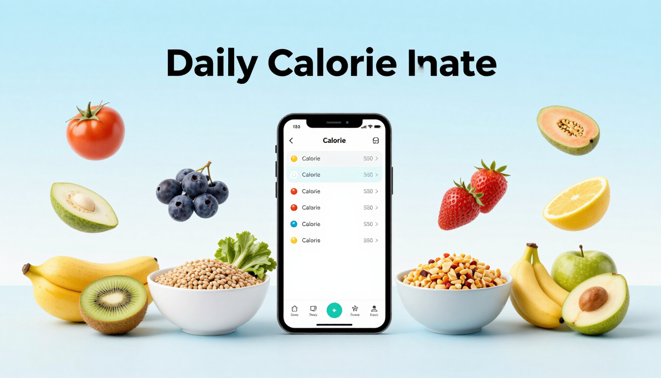 Healthy foods and a calorie calculator illustrating daily calorie needs