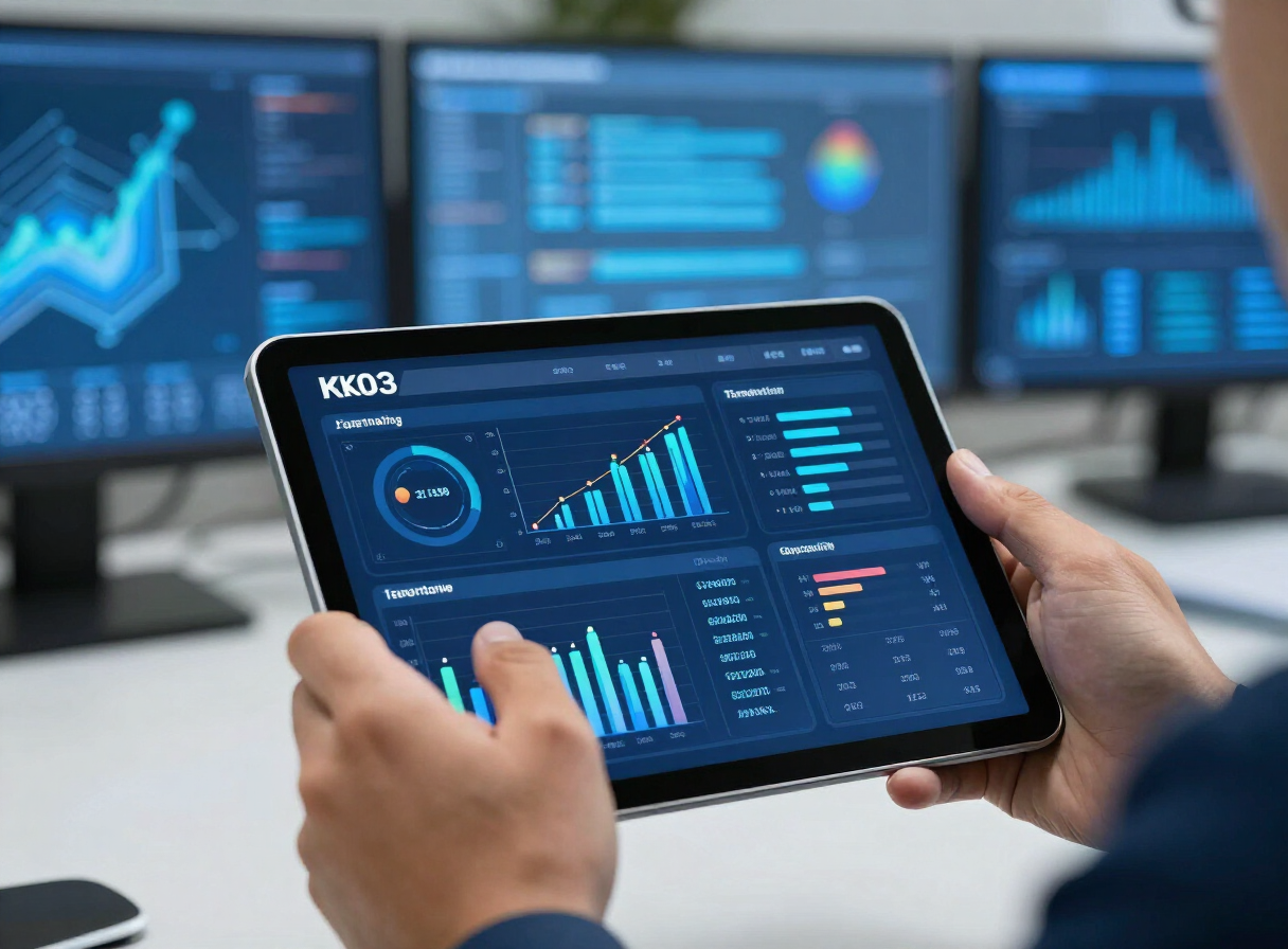Profesional revisando tableros de indicadores KPI de calidad en una tablet en una oficina moderna