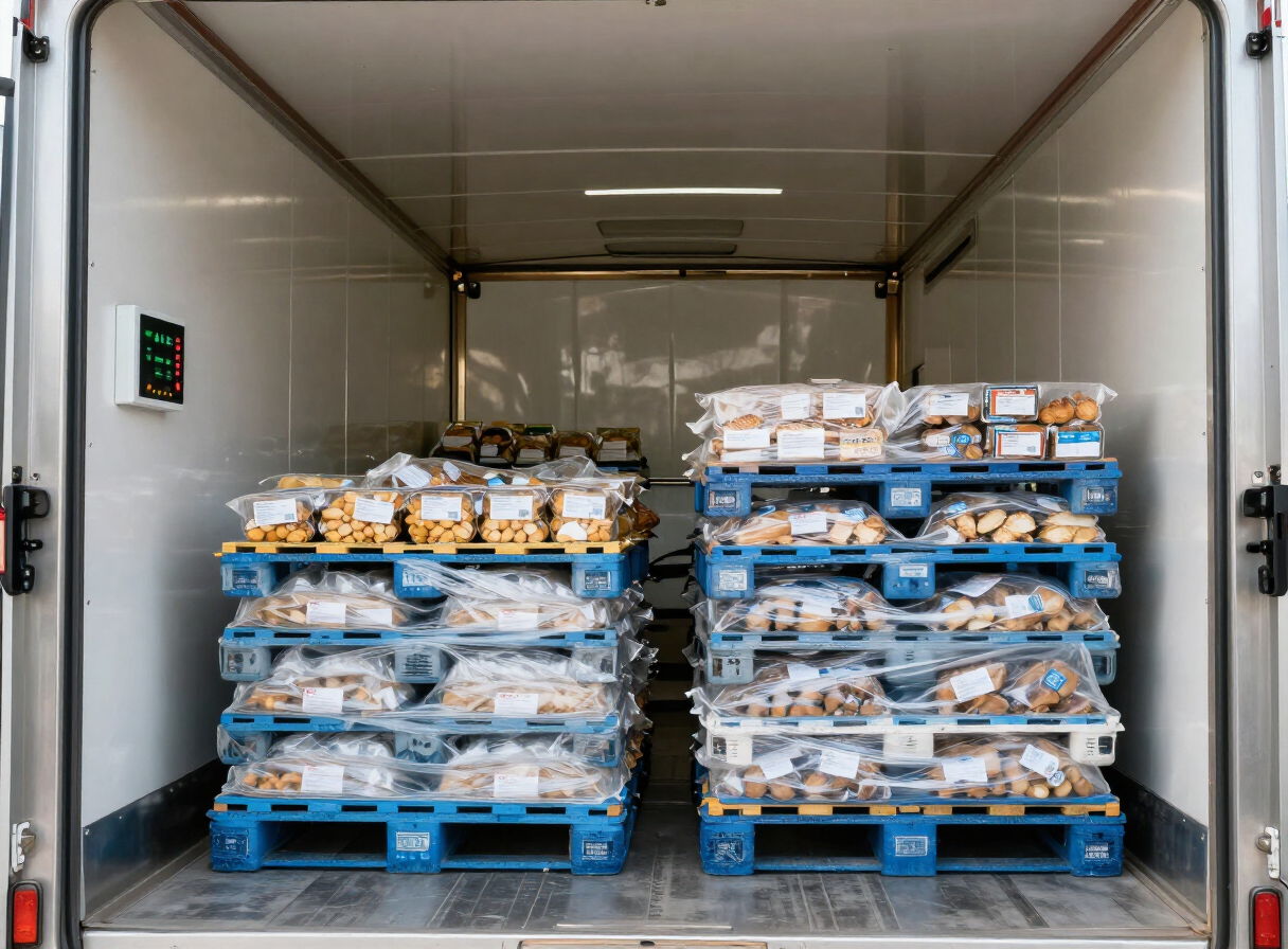 Interior de un camión refrigerado con paredes de acero inoxidable, panel de control de temperatura y pallets de alimentos procesados