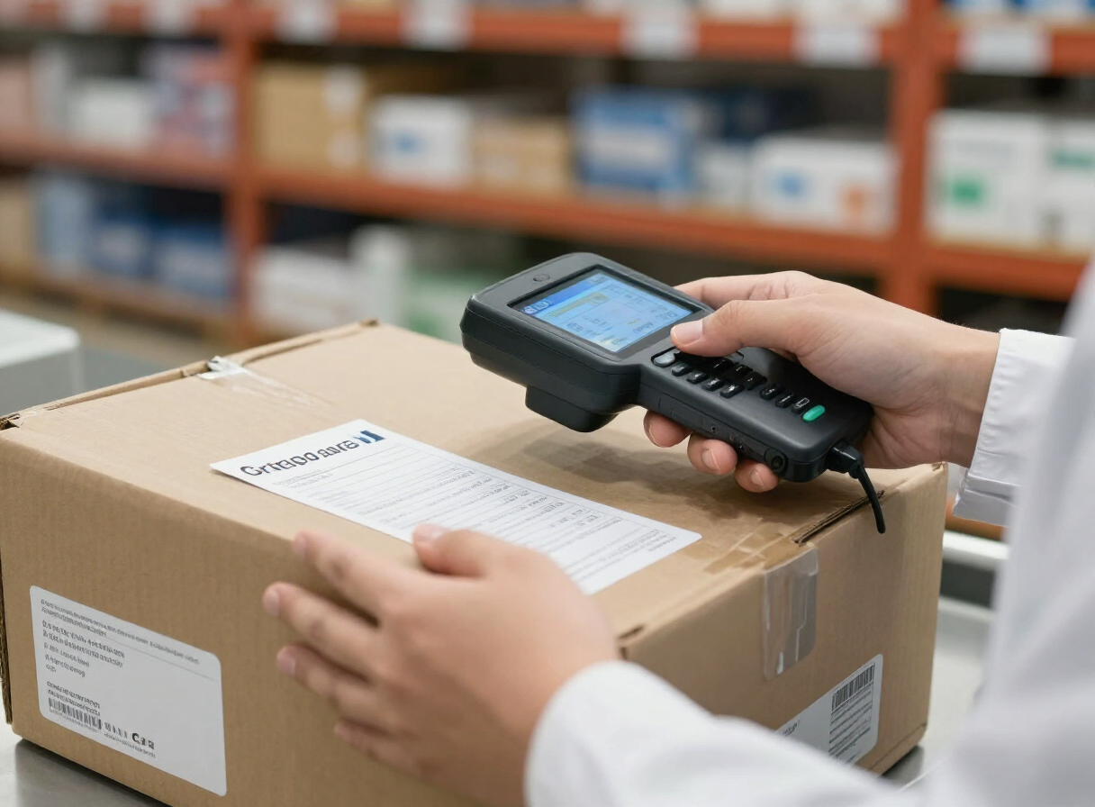 Operario escaneando el código de barras de una caja de productos médicos para trazabilidad en almacén