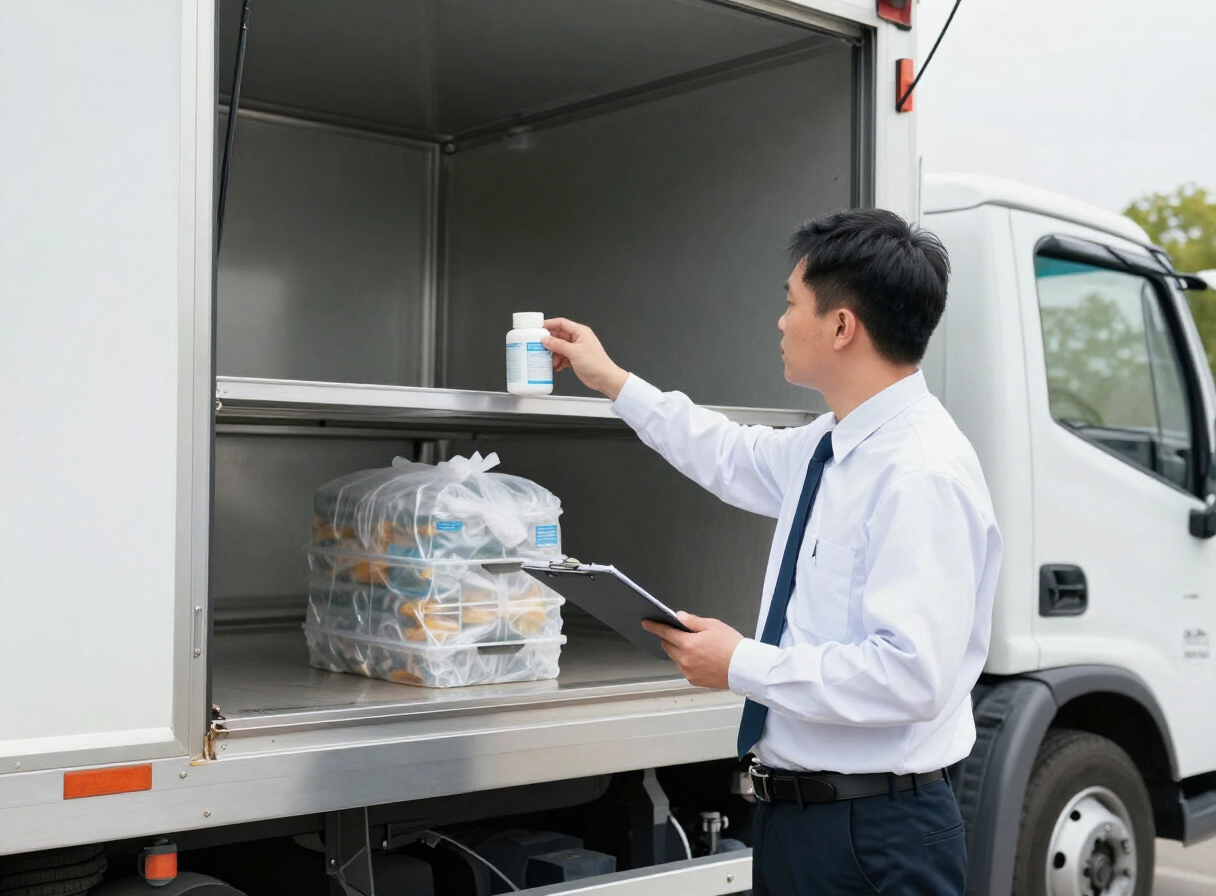 Inspector sanitario revisando las condiciones de higiene de un camión de transporte de alimentos con portapapeles