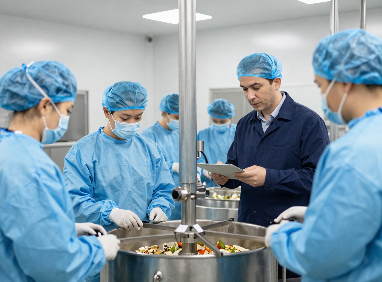 Sesión de acompañamiento técnico en una planta de alimentos con personal en indumentaria de higiene