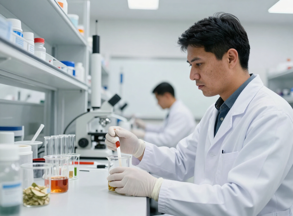 Analista de laboratorio de control de calidad examinando muestras de alimentos con instrumentos de precisión