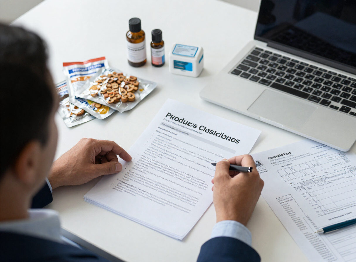 Consultor de cumplimiento regulatorio revisando documentos de clasificación de productos con muestras de alimentos, cosméticos y dispositivos médicos