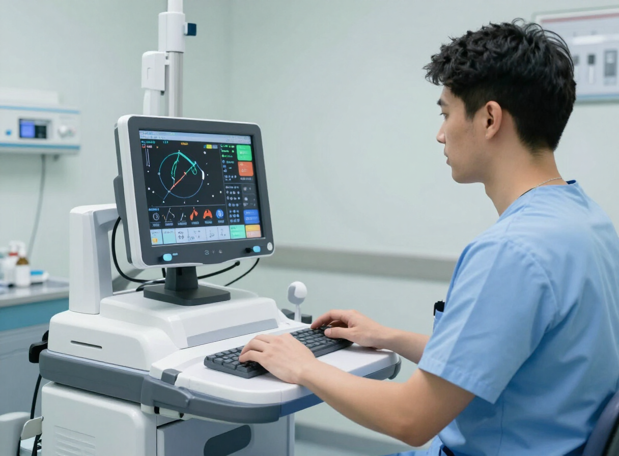 Profesional de salud operando un equipo de diagnóstico médico con monitores de señales vitales