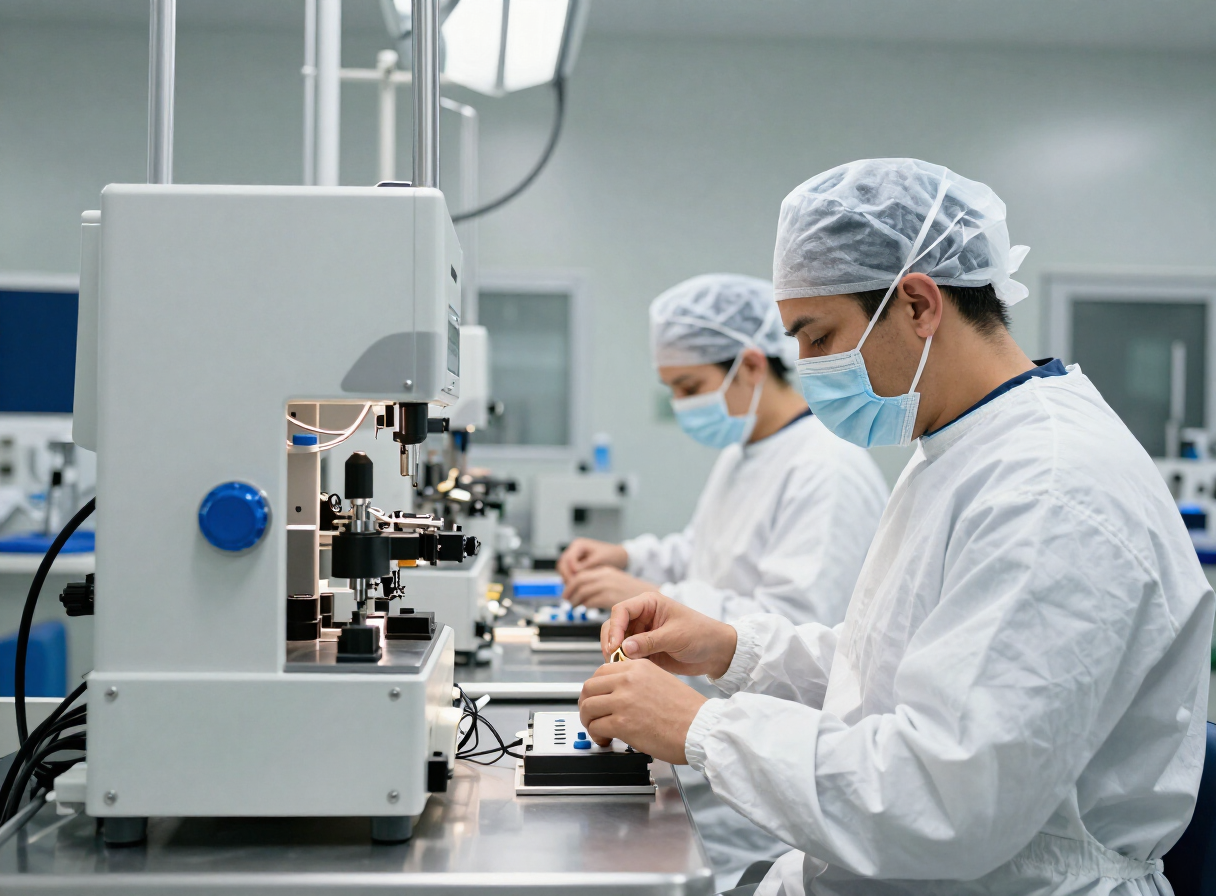 Técnicos en sala limpia ensamblando dispositivos médicos en una planta de fabricación moderna