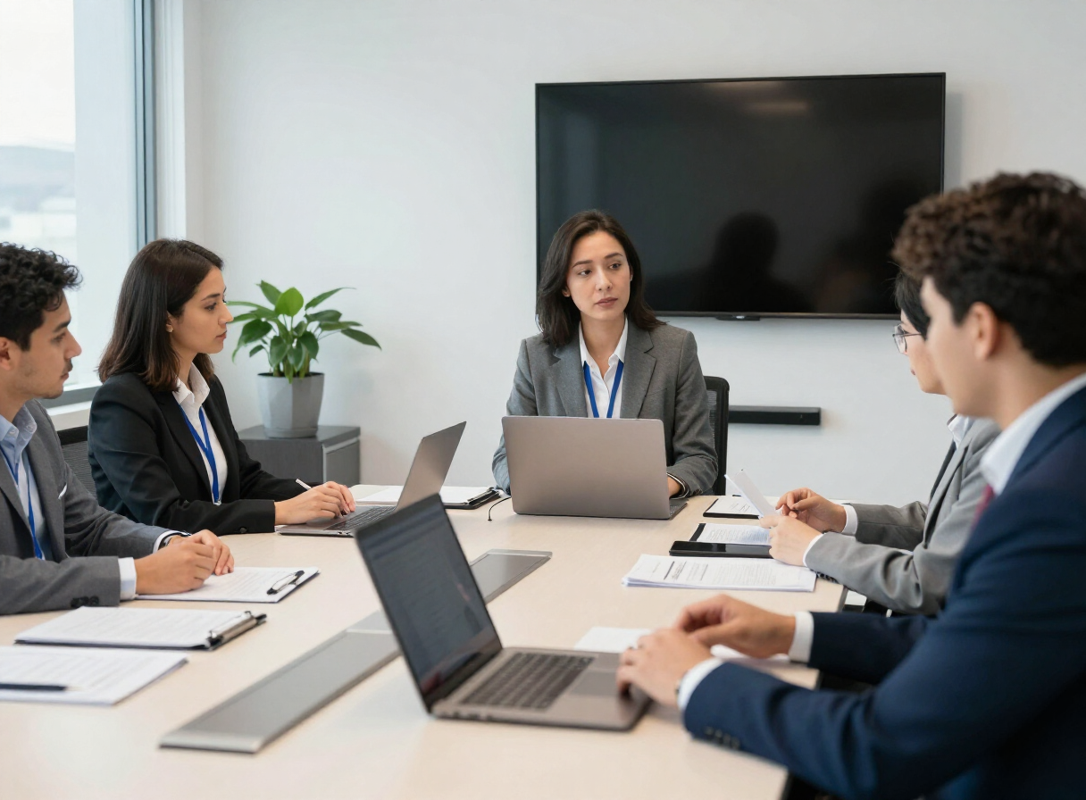 Auditor de calidad liderando una reunión de revisión documental con el equipo de una empresa
