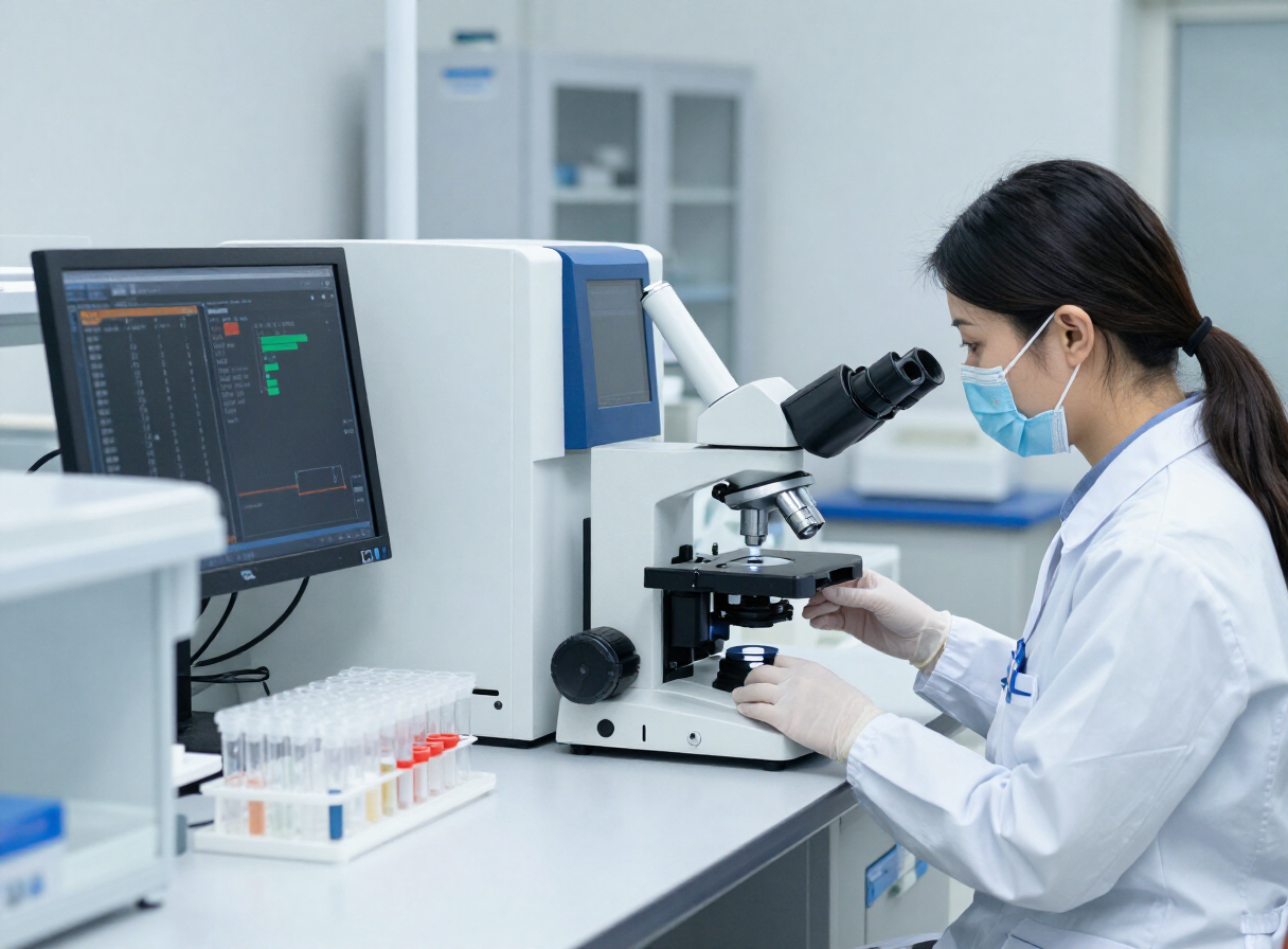 Científica analizando muestras con microscopio y equipamiento de laboratorio clínico moderno