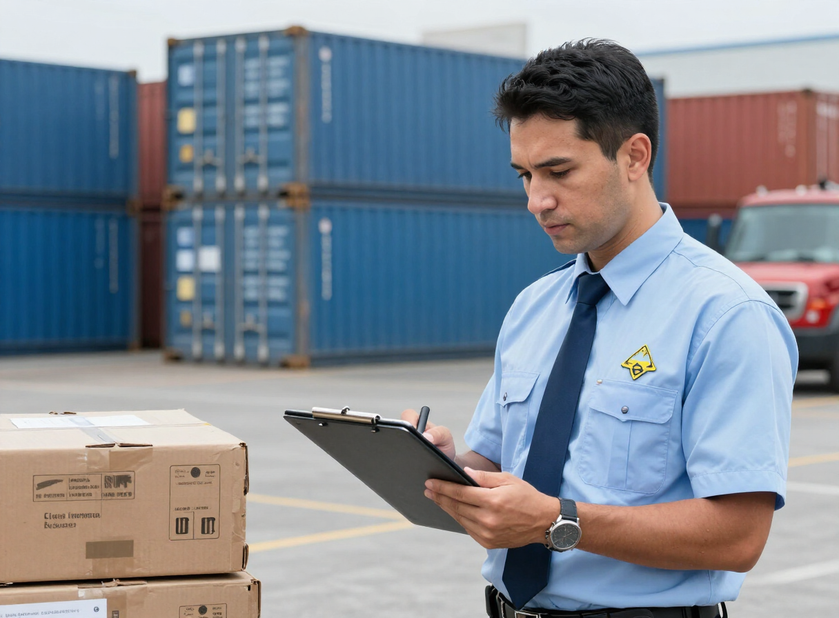 Inspector de aduanas revisando documentación de importación y mercancía en un almacén portuario