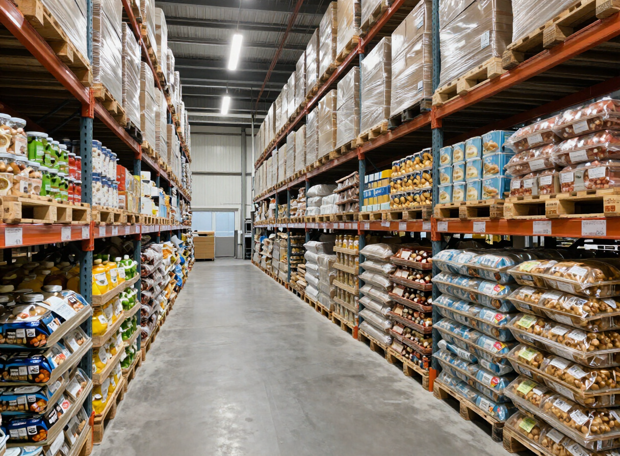 Almacén ordenado con productos en estanterías, centro de acopio de un establecimiento regulado