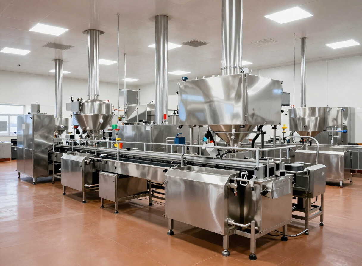 Planta de procesamiento de alimentos con equipos de acero inoxidable, establecimiento sujeto a control sanitario