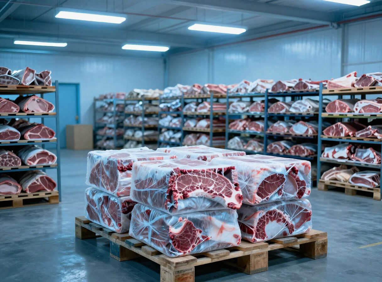Productos cárnicos congelados en una cámara frigorífica de un almacén de importación
