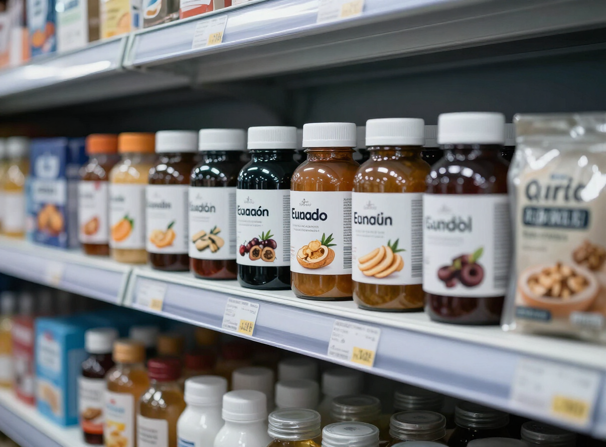 Productos importados procesados y cosméticos envasados en estanterías de un almacén
