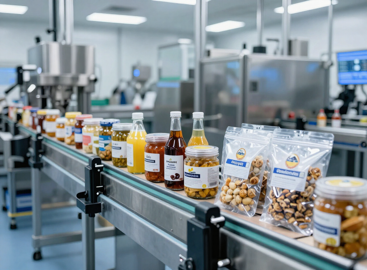 Alimentos procesados envasados y rotulados sobre una línea de empaquetado en una planta de alimentos