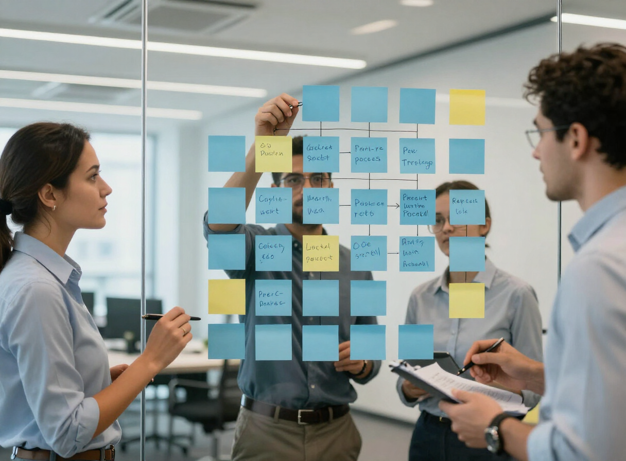 Equipo empresarial mapeando procesos con diagramas de flujo en una oficina moderna
