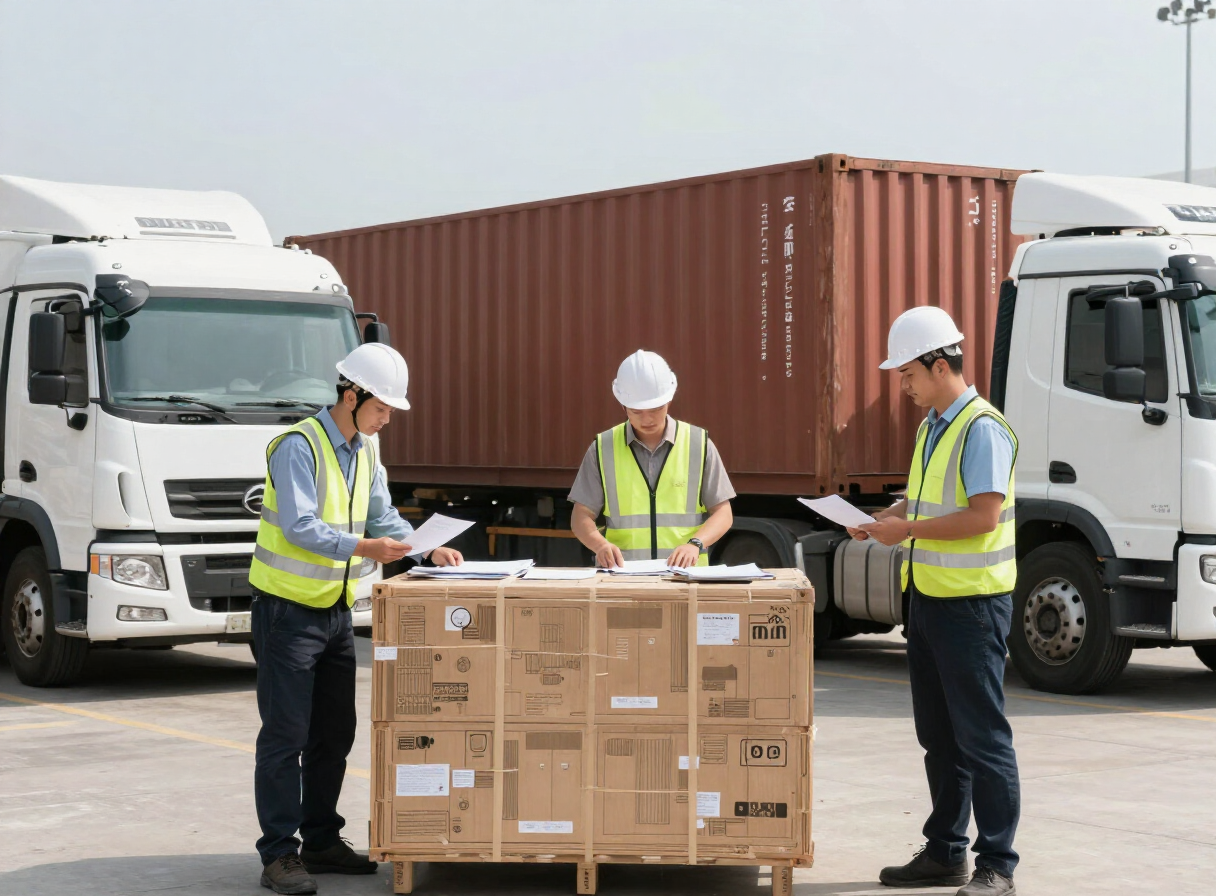 Operaciones logísticas de exportación con contenedores, camiones y documentación en una terminal de carga