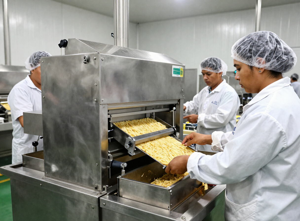 Línea de envasado de alimentos procesados operada por personal con indumentaria de higiene en una planta nacional