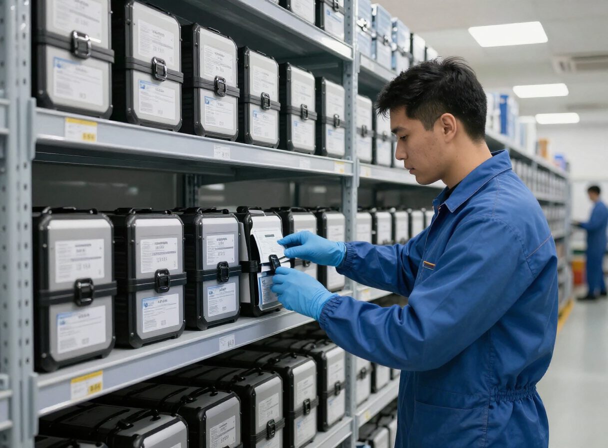 Trabajador gestionando inventario de dispositivos médicos en un almacén logístico ordenado
