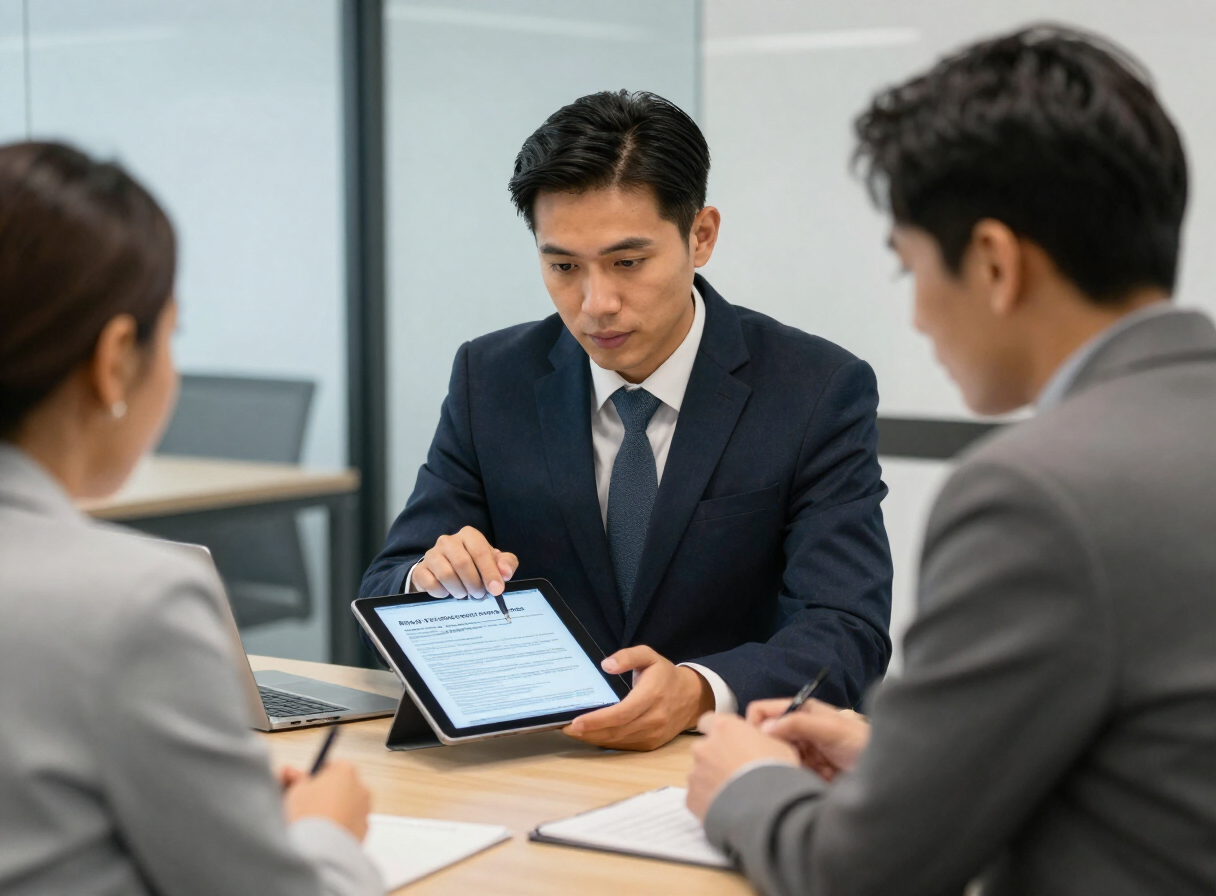 Consultor revisando documentos regulatorios y permisos en una tablet con un cliente en una oficina moderna