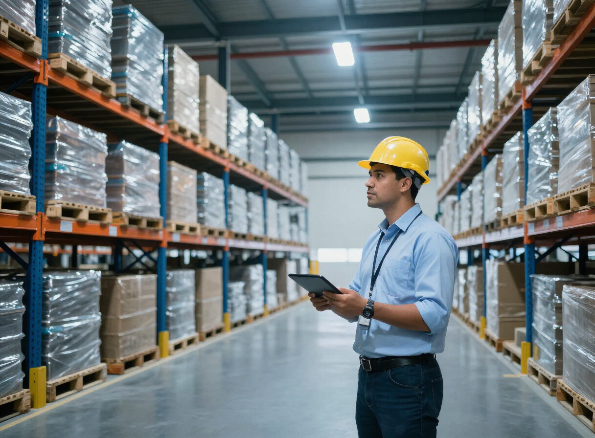 Supervisor de bodega revisando procesos de inventario con una tablet en un centro logístico moderno