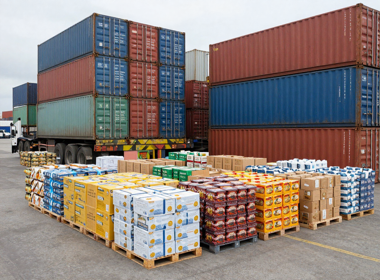 Contenedores de carga y bodega con alimentos importados en palets listos para comercializarse