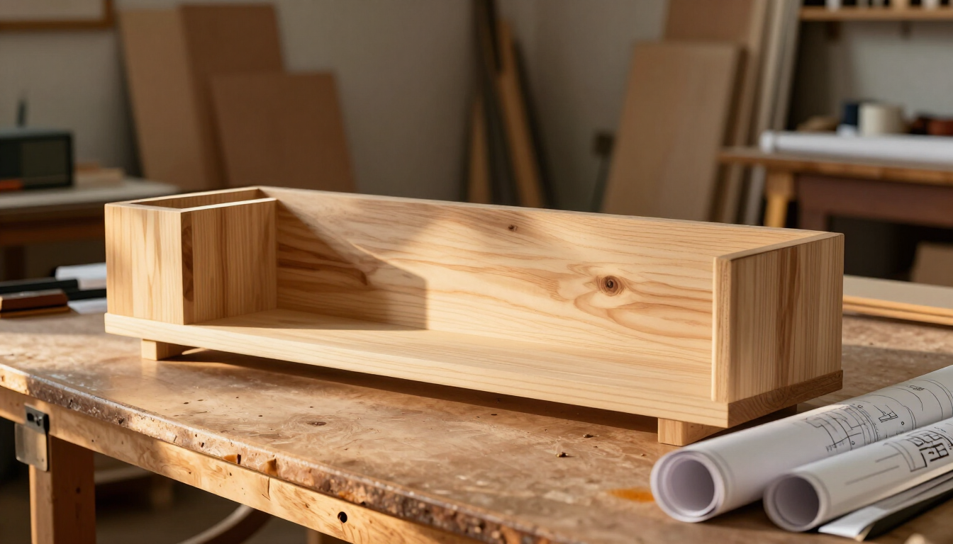 A finished simple wooden shelf and a cedar planter box resting on a workbench beside rolled plans in a warm woodworking workshop at golden hour