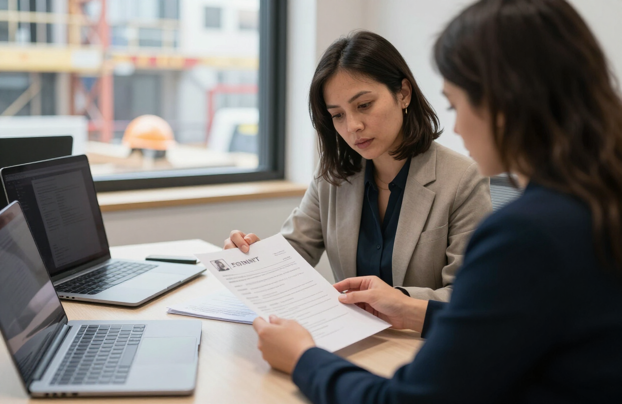 Recruitment consultant reviewing a CV with a candidate in a London office