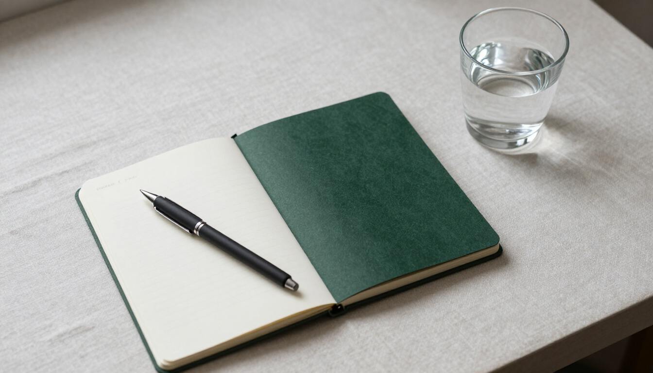 Notebook, pen and glass of water on a linen surface