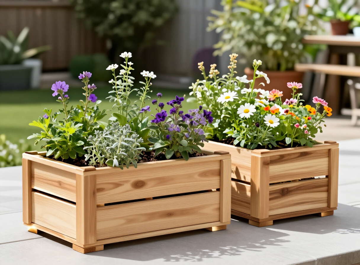 Two handmade cedar wooden planter boxes filled with herbs and flowers on a sunny backyard patio, clean construction with mitered corners