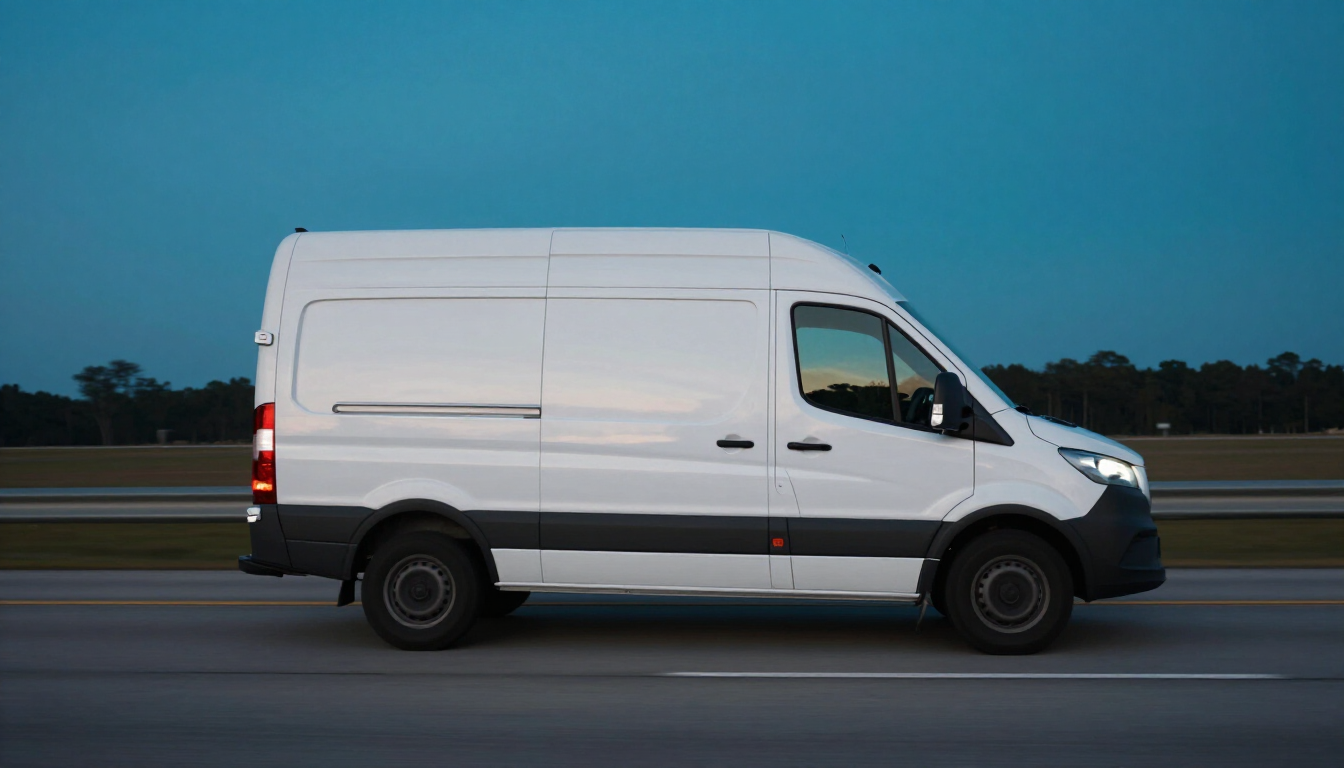 High-roof sprinter cargo van running an expedite lane on an open interstate at dusk