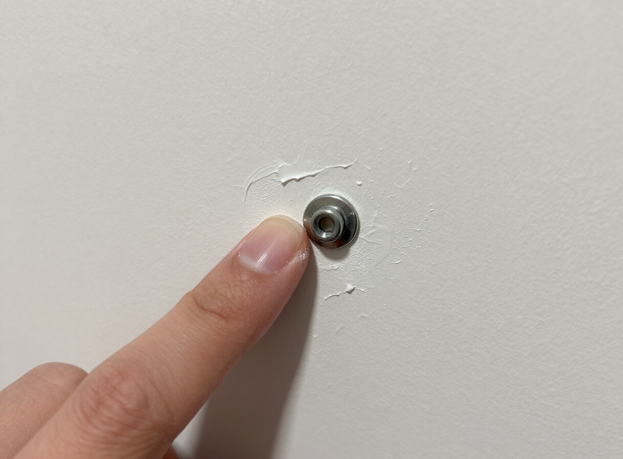 Repaired nail pop on an older Union City NJ apartment wall, sanded and primed