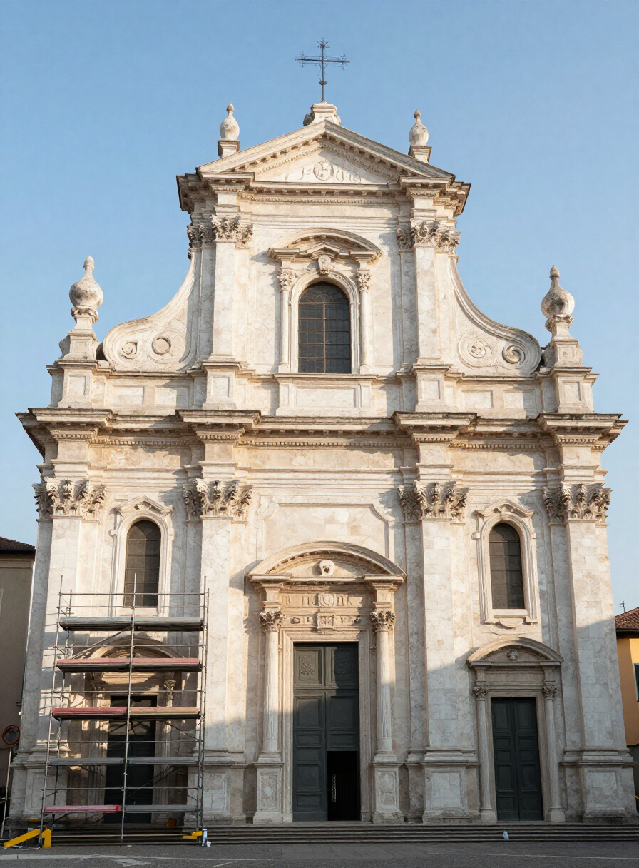 Facciata barocca di chiesa restaurata con ponteggi in fase di smontaggio