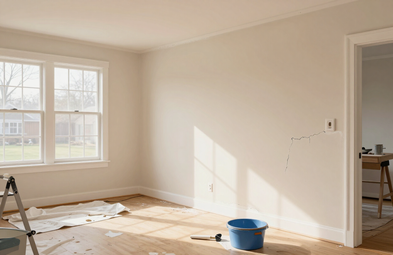 Illustrative image of plaster wall crack repair and trim sanding in an older Northern New Jersey home — not a specific Maywood project.