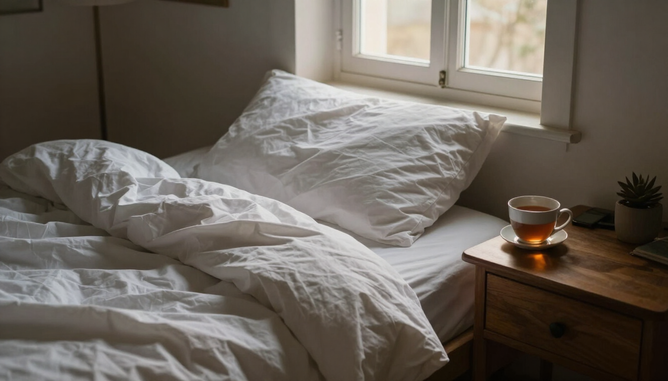 Quarto sereno ao amanhecer, com lençóis claros e luz natural suave pela janela