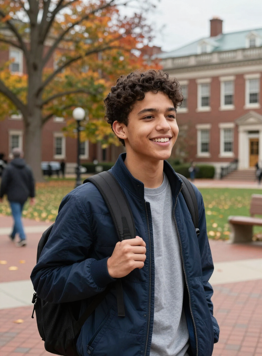 Estudante brasileiro sorrindo em campus universitário nos Estados Unidos