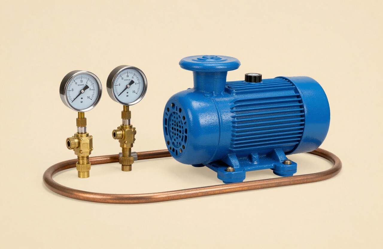 Bomba d'água industrial azul com conexões de latão e tubos de cobre, equipamentos usados pela Fortis Manutenção
