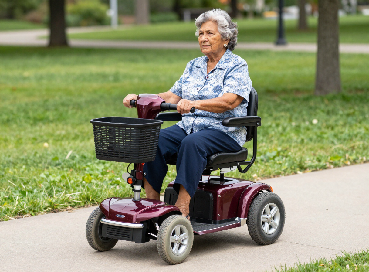Older Latina woman using a burgundy four-wheel mobility scooter on a paved park path