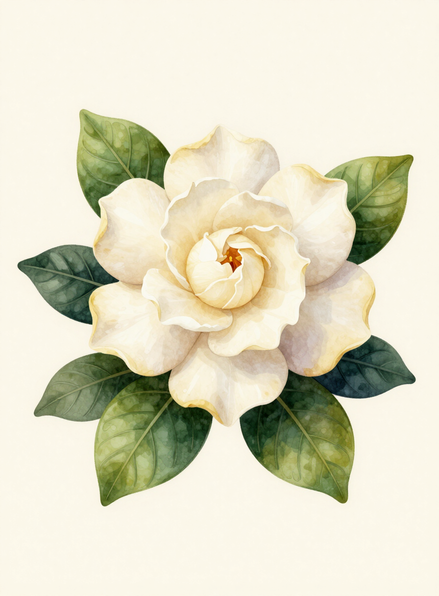 Watercolor painting of a ivory Gardenia