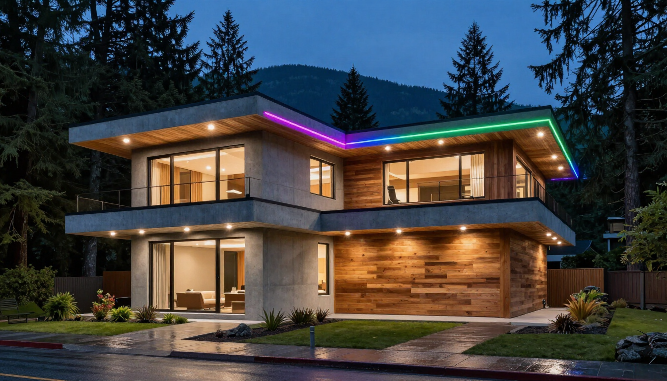 Vibrant coloured Christmas lights in Surrey with lively festive presentation and exterior seasonal decorating.