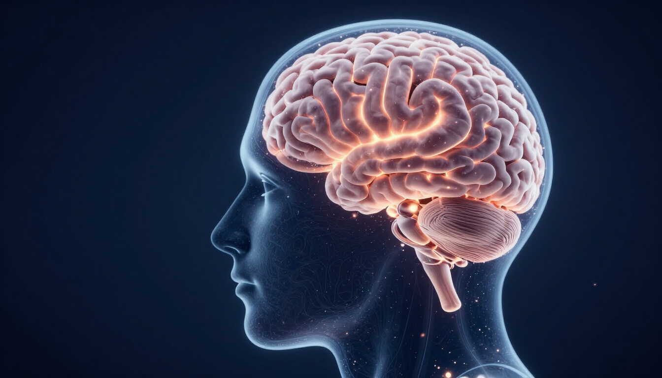 Abstract conceptual silhouette of a human head in profile formed by soft glowing light particles on a deep navy background