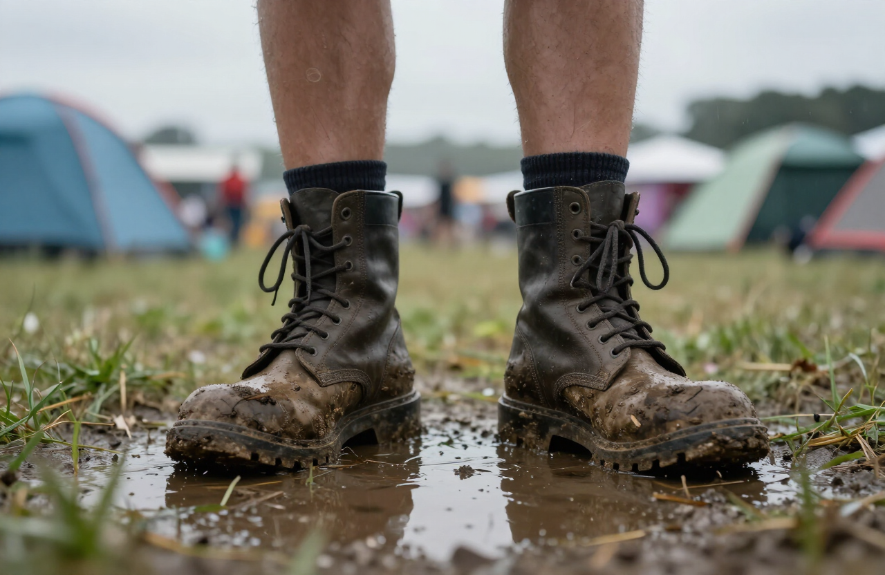 Muddy combat boots standing in a puddle at a rainy outdoor festival campsite