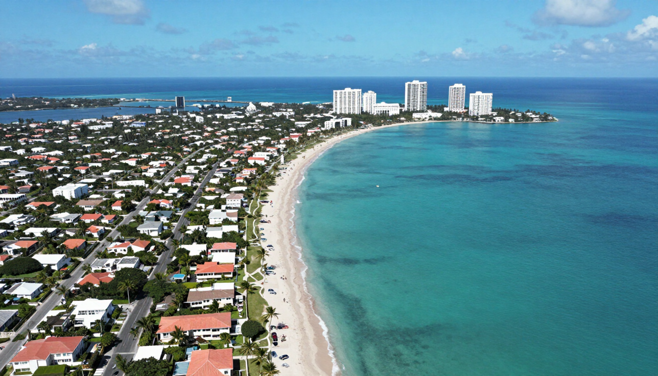 Aerial coastal view of New Providence, Nassau, Bahamas