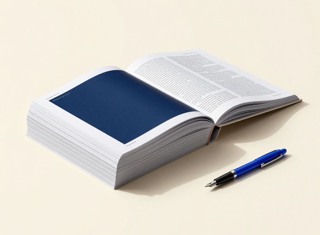 Research papers and a blue pen on a desk