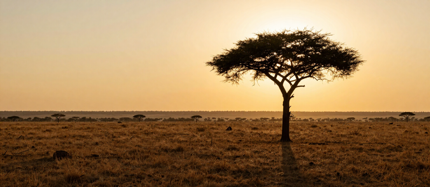 Open savanna horizon at golden hour with a lone acacia tree