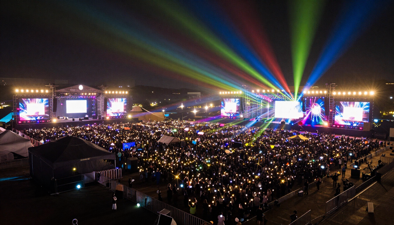 Massive outdoor music festival at night with colorful stage lighting and a huge crowd