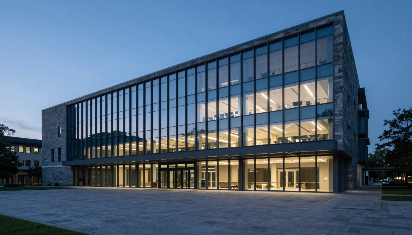 Contemporary university institutional architecture with glass and stone — independent delivery insight for higher education transformation