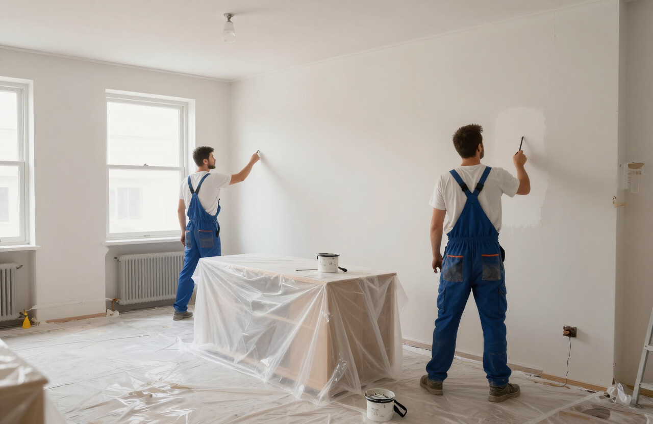 Professional painters working in an occupied apartment with furniture protection and minimal disruption