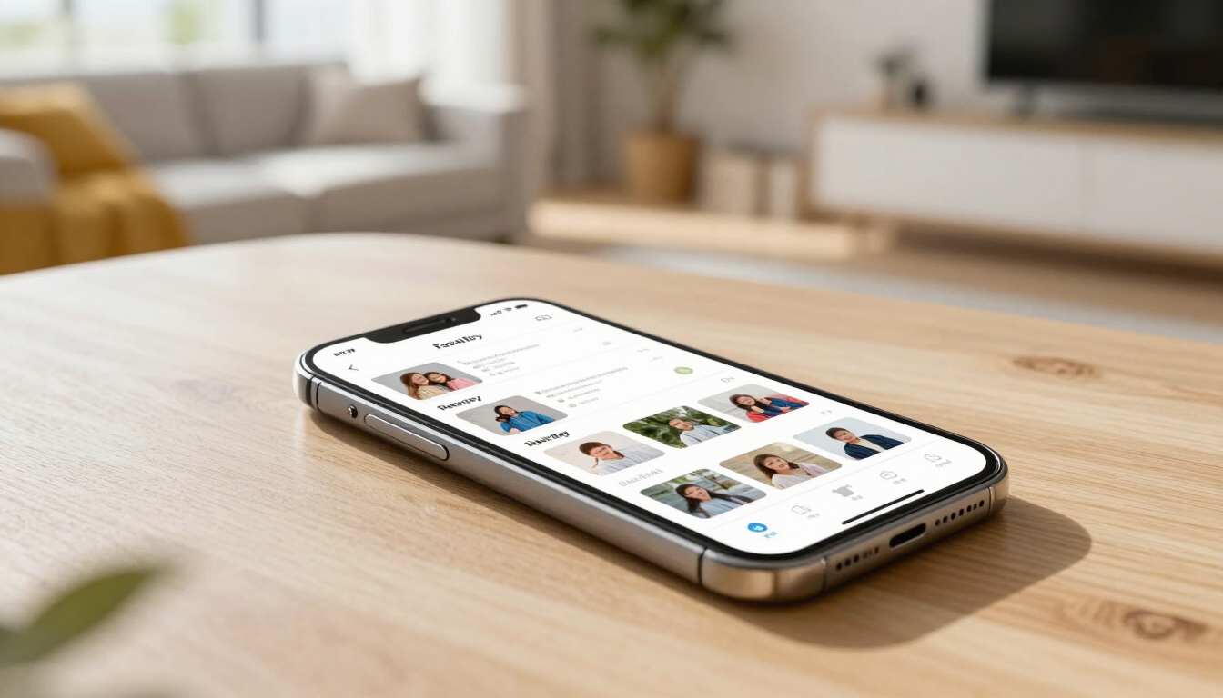 Mutter und Kinder schauen gemeinsam auf dem Smartphone Familienerinnerungen an