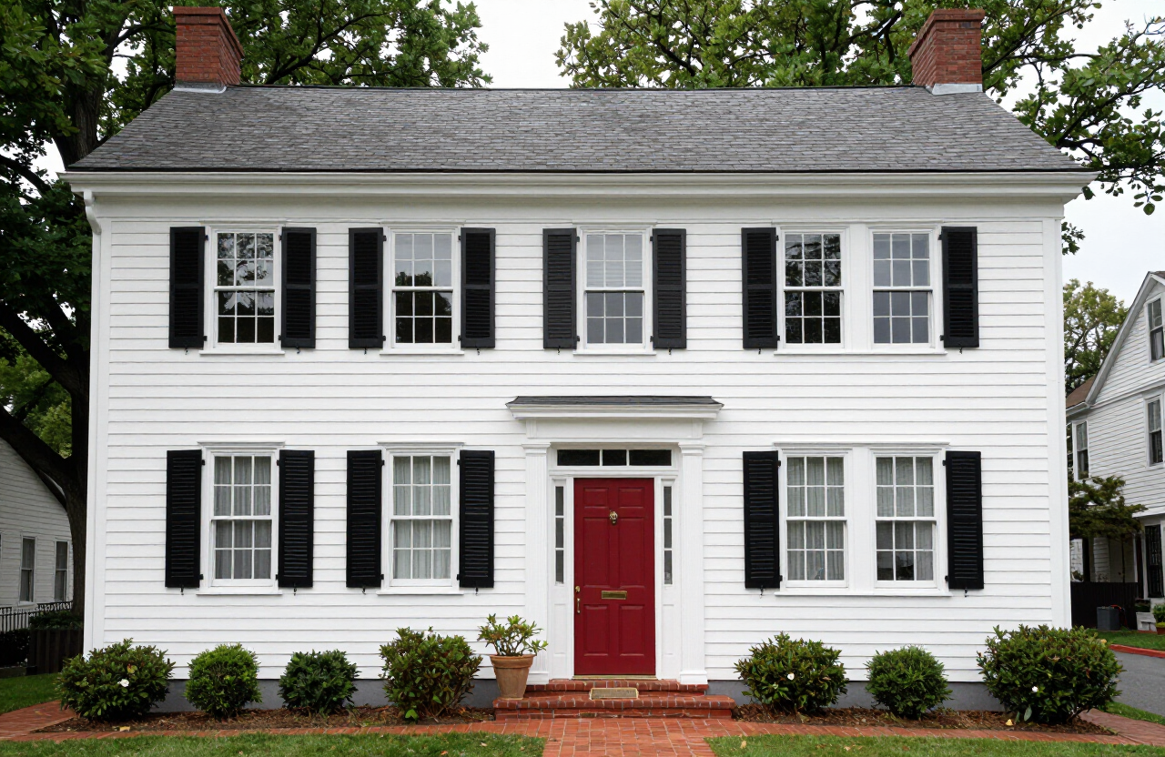 Rutherford NJ Colonial Revival home with white siding, black shutters, and a deep red front door