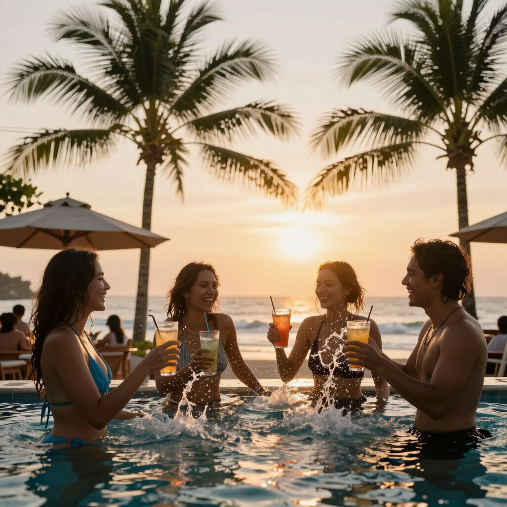 Friends laughing with drinks in a Bali beach club pool at golden hour